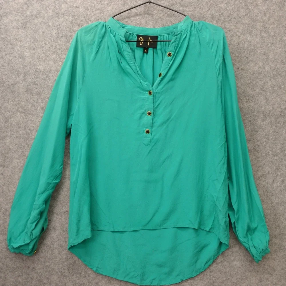 Boho Chic Resort Silk Blouse YUMI KIM Womens SMALL Seafoam Green Henley Popover